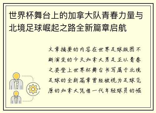 世界杯舞台上的加拿大队青春力量与北境足球崛起之路全新篇章启航