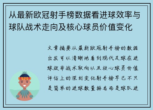 从最新欧冠射手榜数据看进球效率与球队战术走向及核心球员价值变化 从最新欧冠射手榜数据看进球效率与球队战术走向及核心球员价值变化